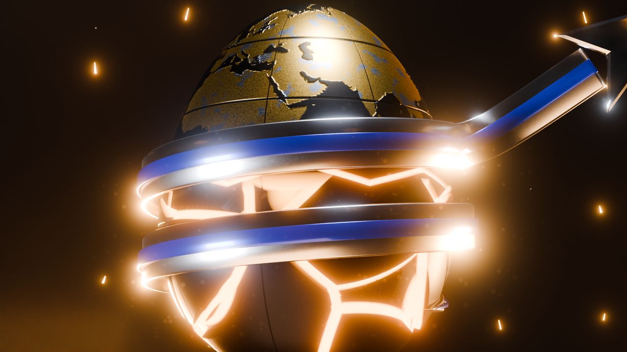 The 3D NEW YOLK emblem: the globe egg with its glowing bands
