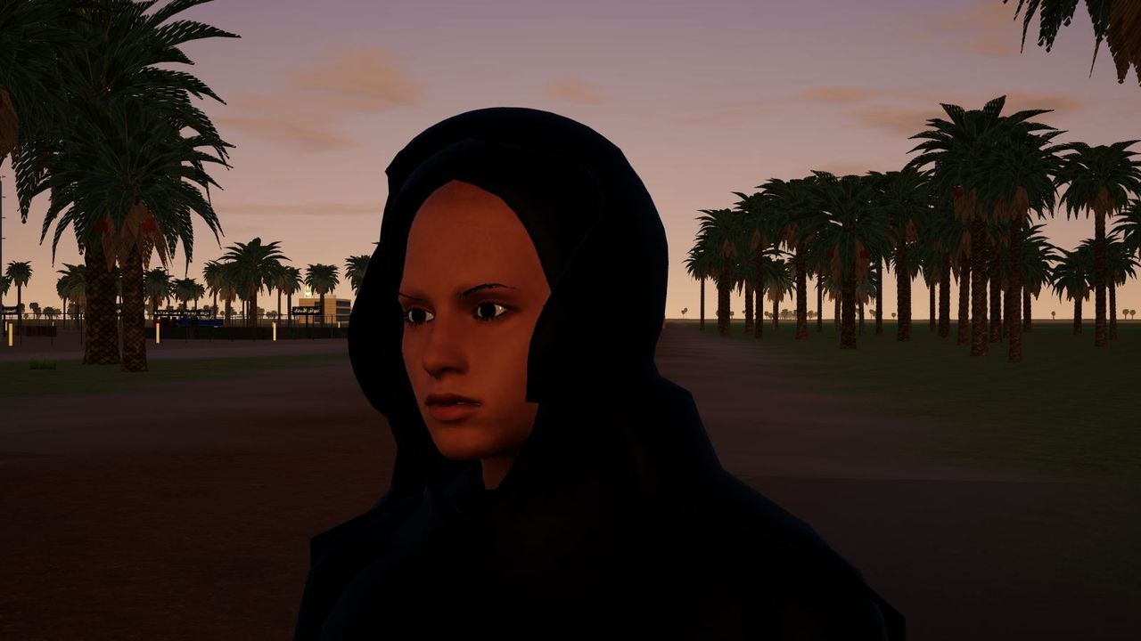 A farmer in an abaya at sunset