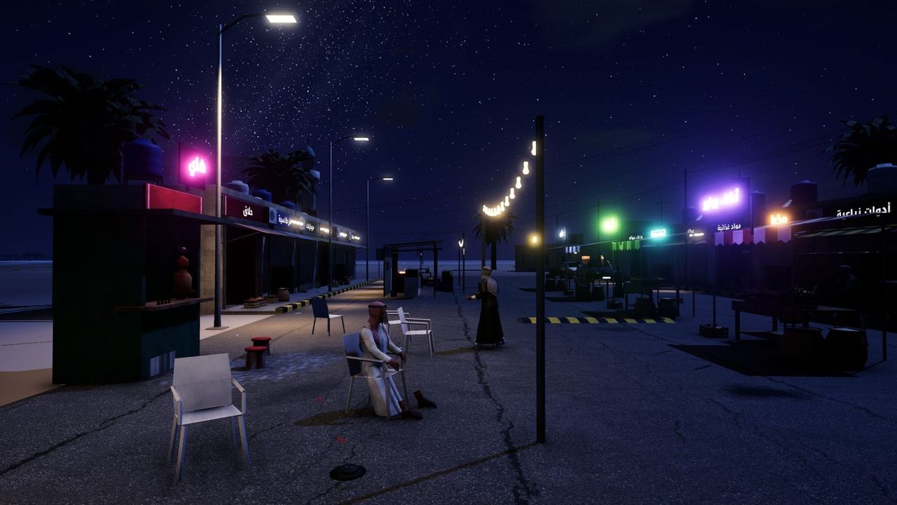 The village market lit up at night