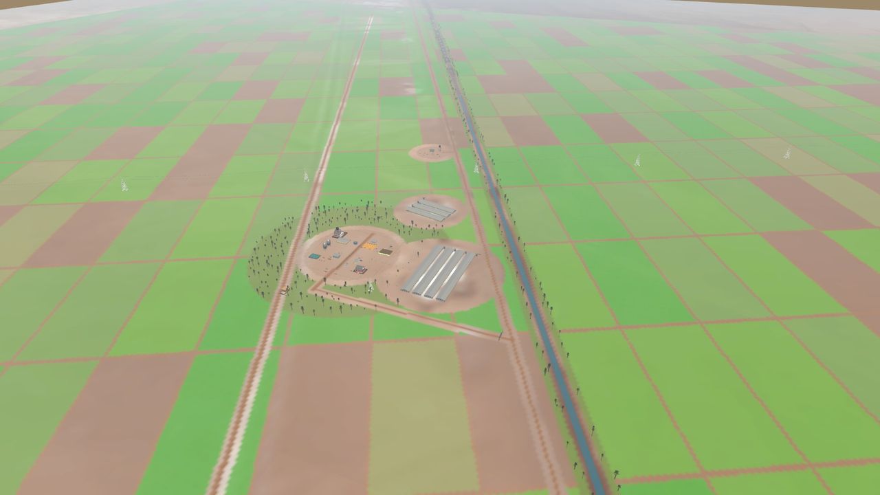 The land at real scale: fields, canals and roads