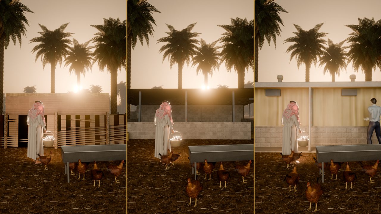 The same yard in three stages: a mud coop, a block coop, then a modern poultry house, with the farmer, his egg basket and a growing flock
