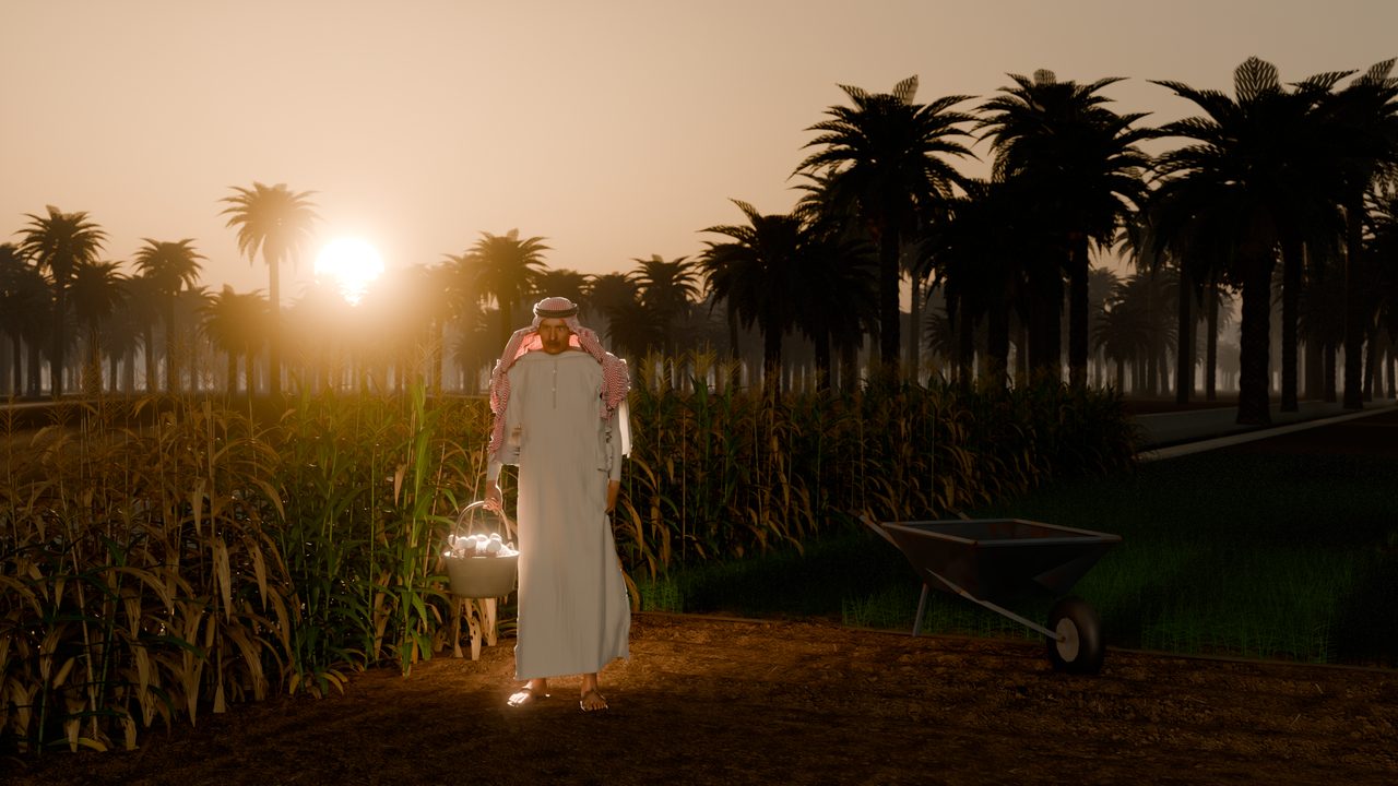 The farmer at sunrise on his first plot: a basket of eggs in hand, corn and palms around him
