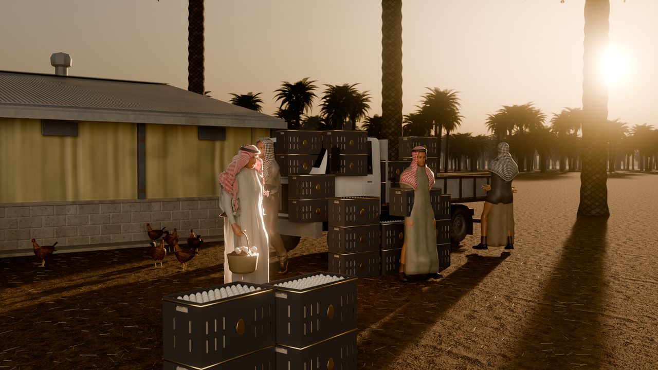 Workers in shemaghs load egg crates onto the truck beside the hen house at sunset