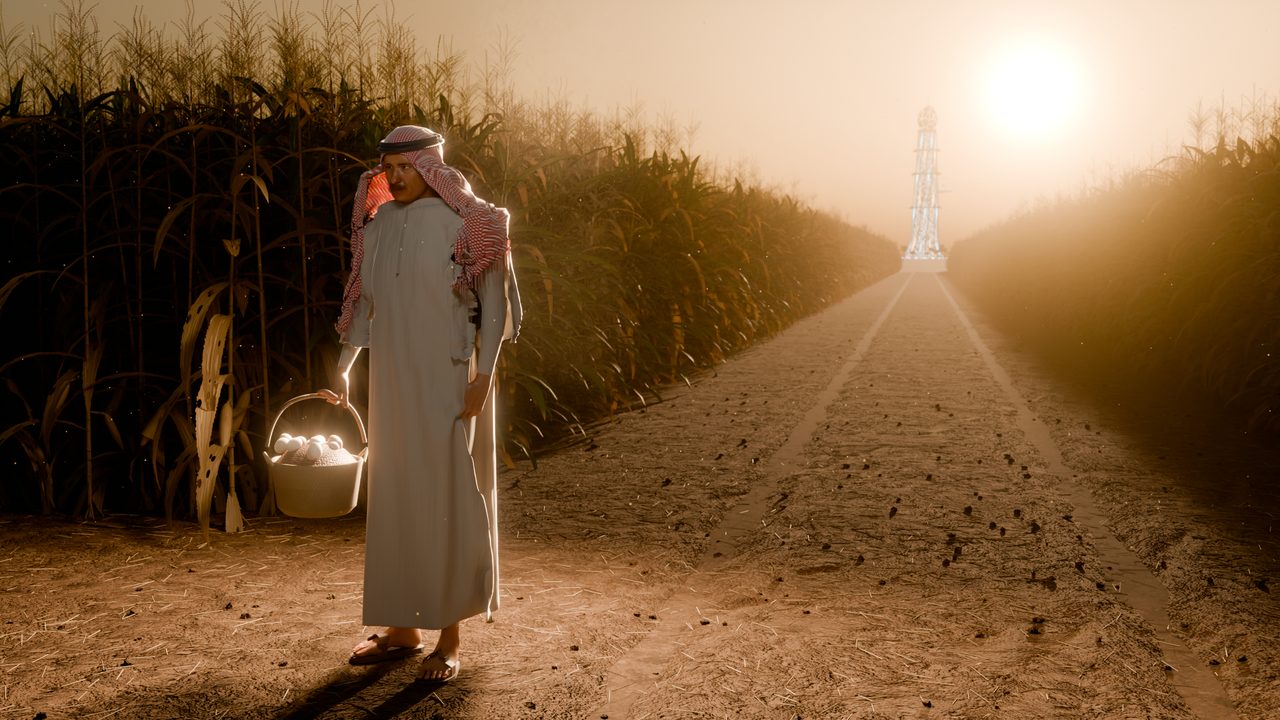 A farmer in a dishdasha and shemagh carries a basket of eggs between cornfields, the tower far down the road