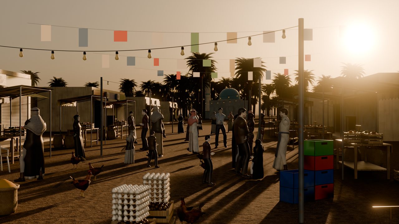 The village market at sunset: egg trays in front, villagers and children, chickens, and the mosque at the end of the street
