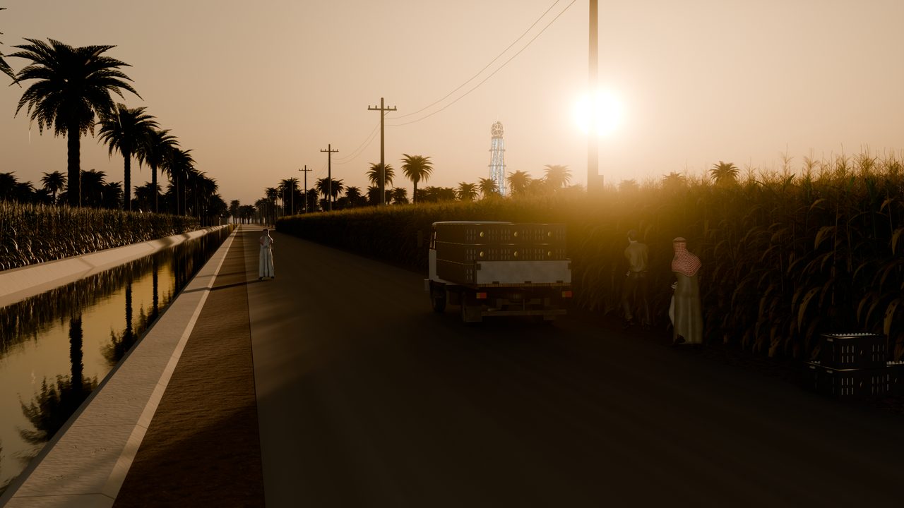 The canal road to the market at sunset: the loaded egg truck, farmers by the cornfield, the tower at the end of the road