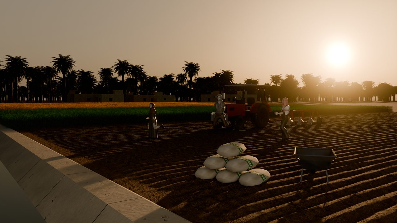 Ploughing at sunset: a tractor turns the rows by the canal, farmers sow, seed sacks wait, the palm grove behind