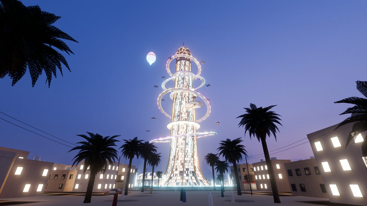 The NEW YOLK tower at night above the town and palms, a render of the in-game model